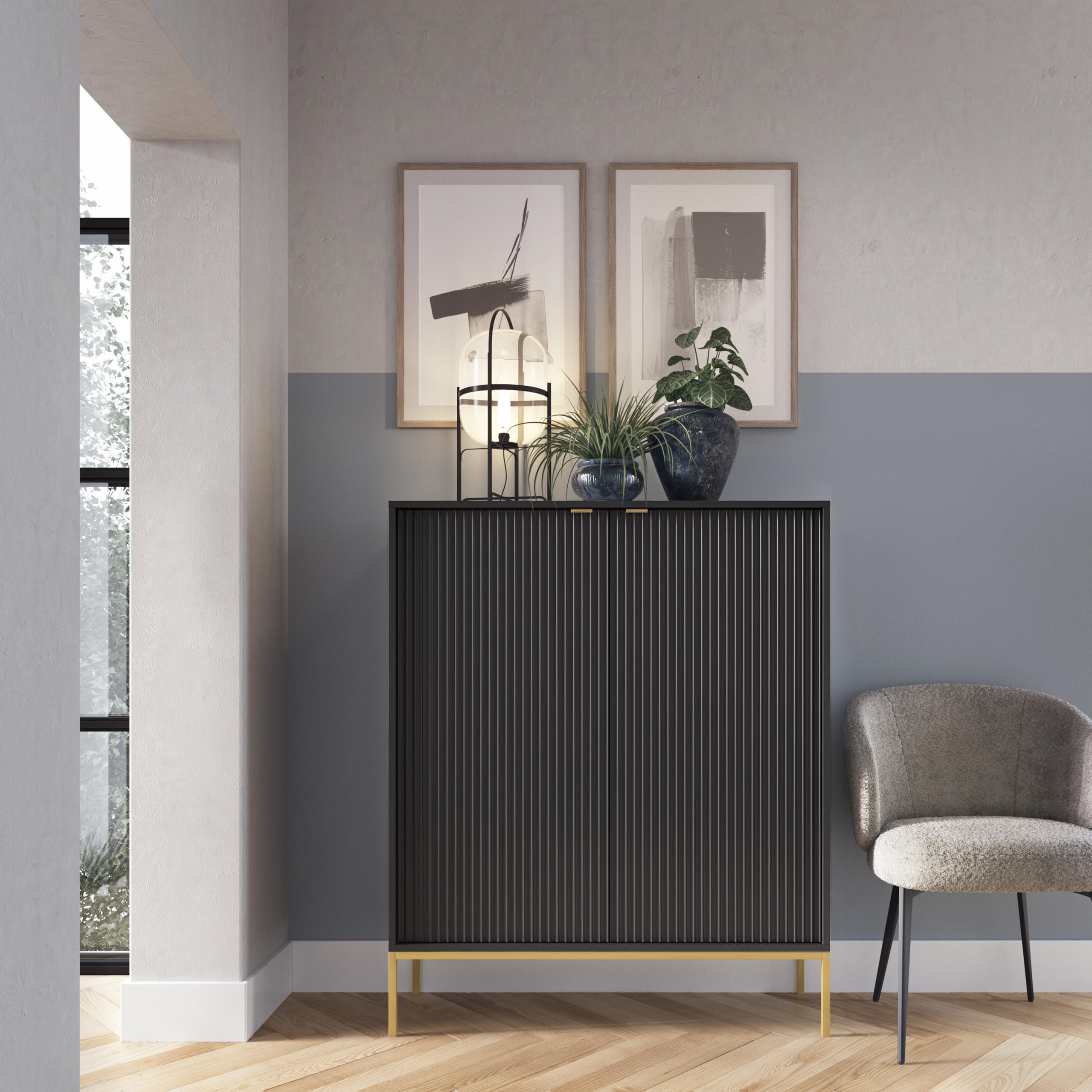 HIGHBOARD STELLARE 104/125/39 cm mit 2 Türen Schwarz - Goldfarben/Schwarz, Holzwerkstoff (104/125/39cm) - MASSENO