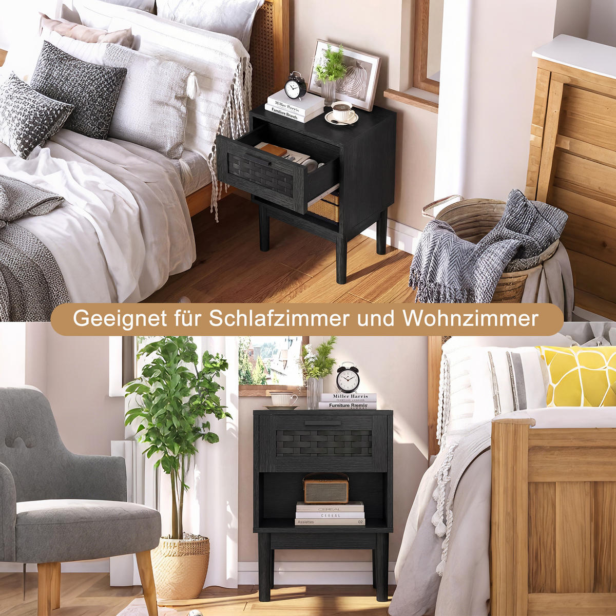 NACHTTISCH 2er Set Holz Rattan Schublade offenes Fach schwarz - Schwarz, Holz (30/55/40cm) - LEBENLANG