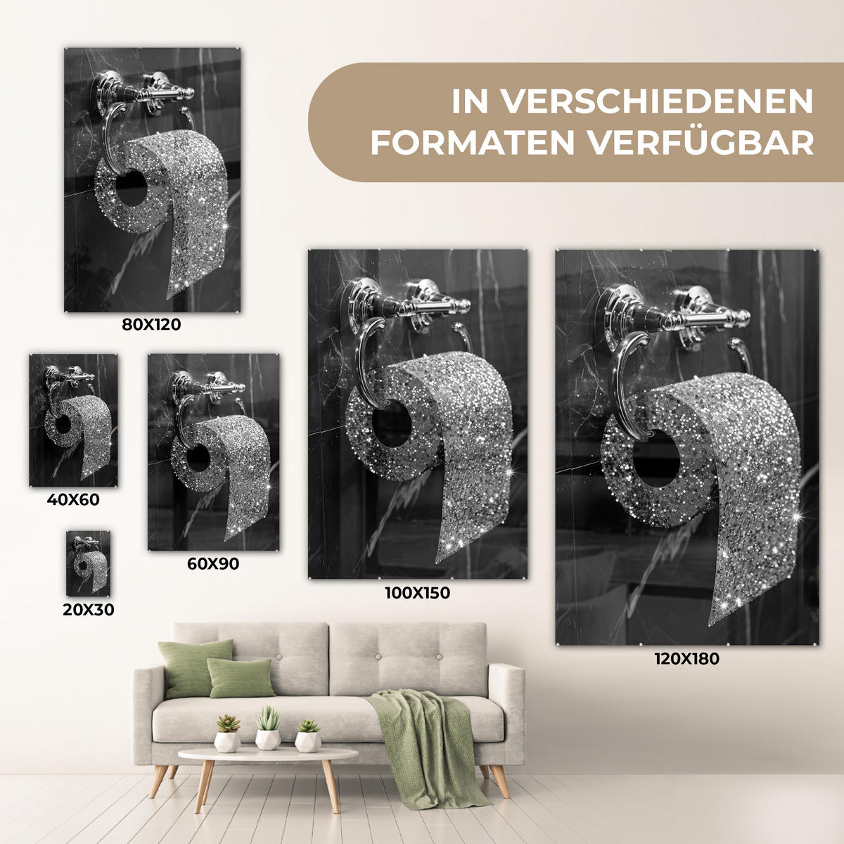 ACRYLGLASBILD WC - Toilettenpapier - Schwarz und weiß - Glitter 40x60 cm - Silberfarben, Glas (40/60cm) - MuchoWow