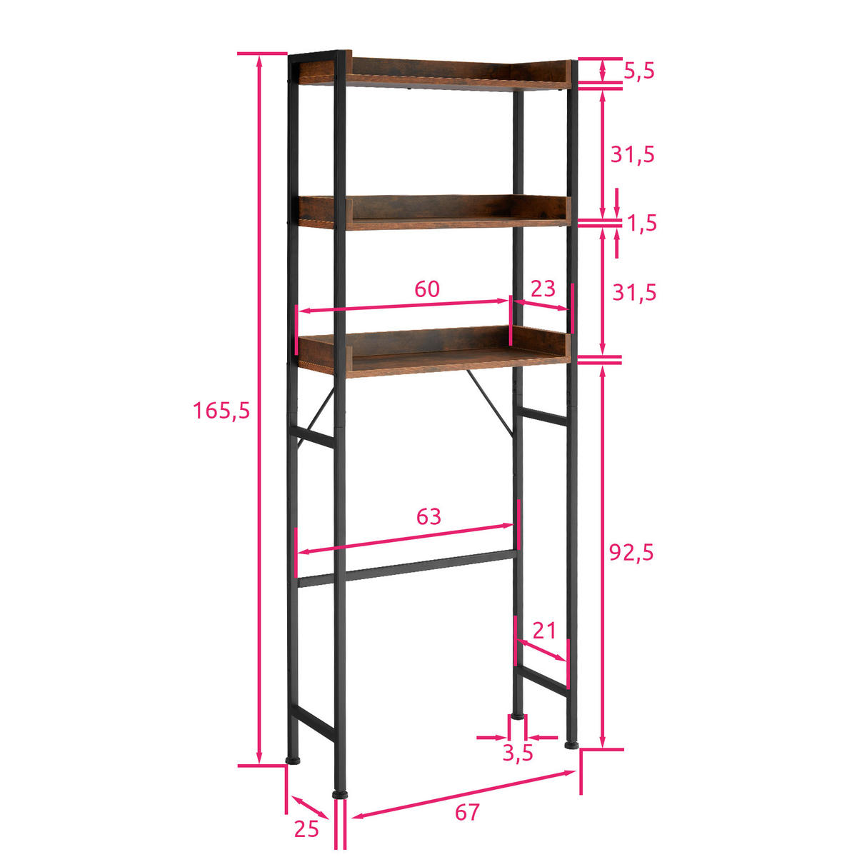 BADEZIMMERREGAL Seattle,inklusive Kippschutz,Industrial Holz dunkel, rustikal - Rostfarben, Holz (63/165/25cm) - tectake