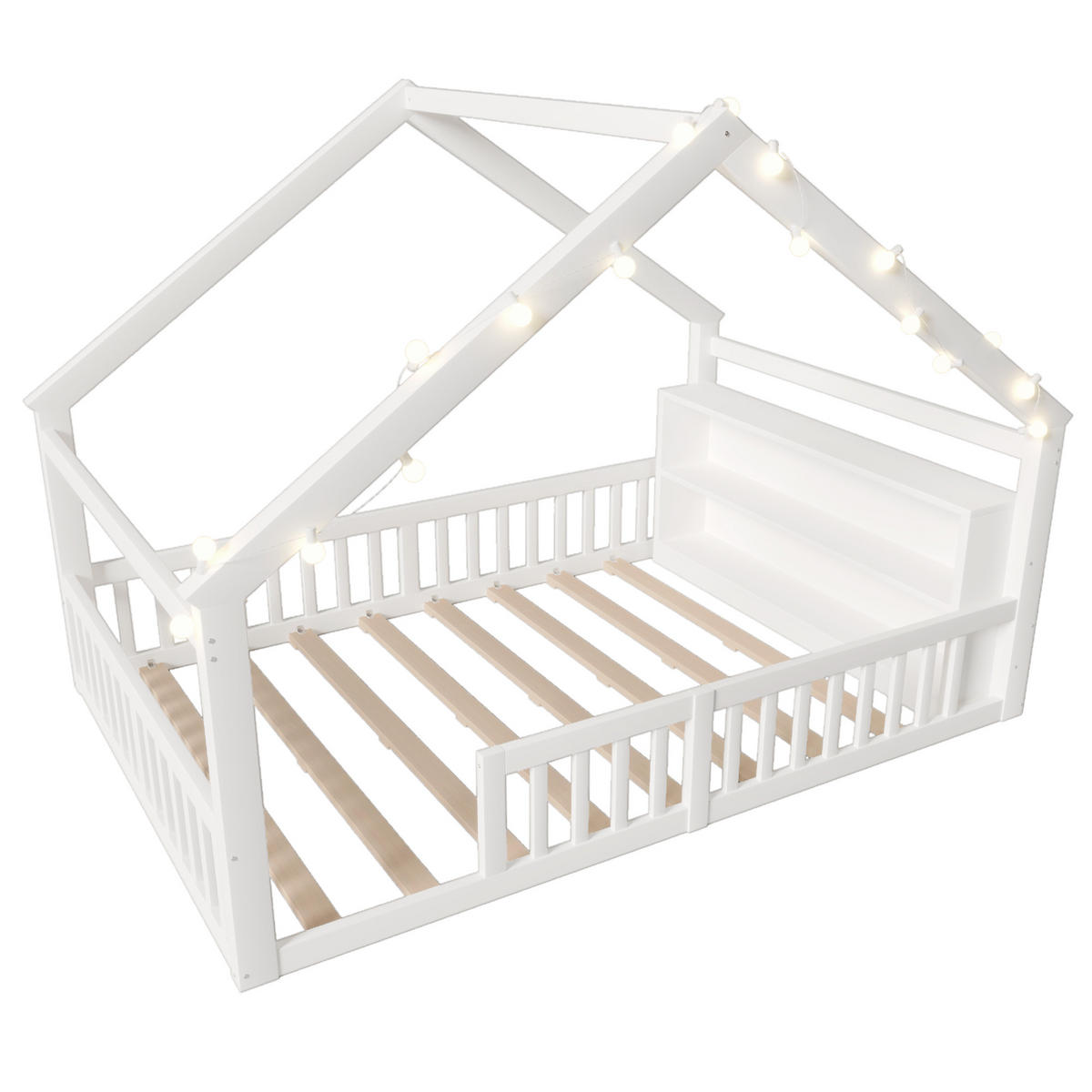 FLACHBETT 140x190cm Weiß Kiefer Kinderbett Gitter Hausleiste - Weiß, Holz (140/190cm) - FLIEKS