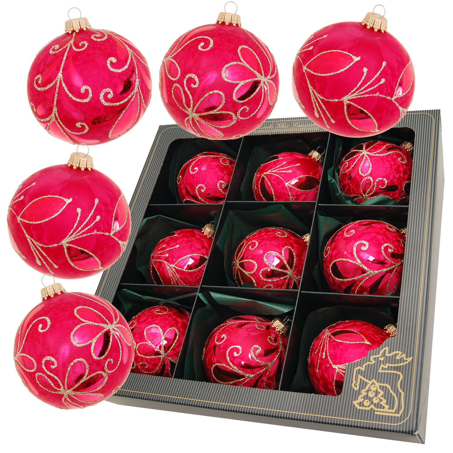 CHRISTBAUMKUGELN Set Eislack Rankendekor Rot 8cm (Glas / 9 Stk.) - Rot, Glas (8/8/8cm) - Krebs Glas Lauscha