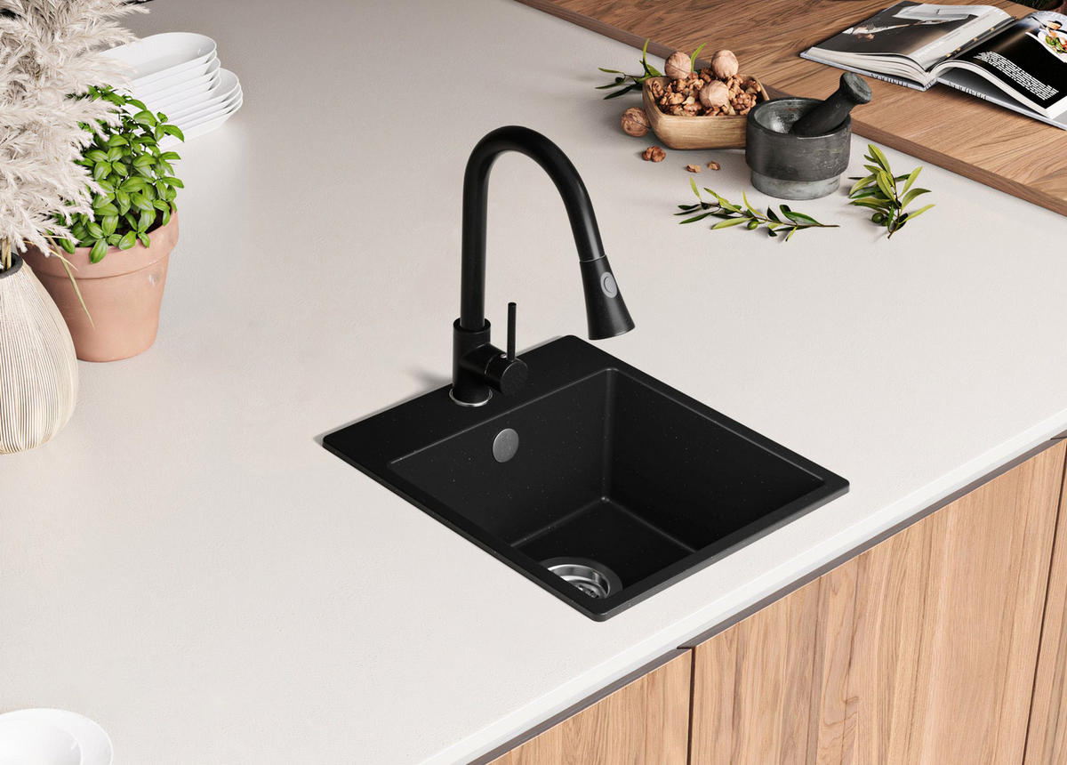 SPÜLBECKEN Riga Easy, 2-er set Schwarz Metallic 38/44 cm 1 Becken + Ablauf-Set ab 40er Unterschrank - Chromfarben/Schwarz Hochglanz, Kunststoff (38/19/44cm) - Primagran
