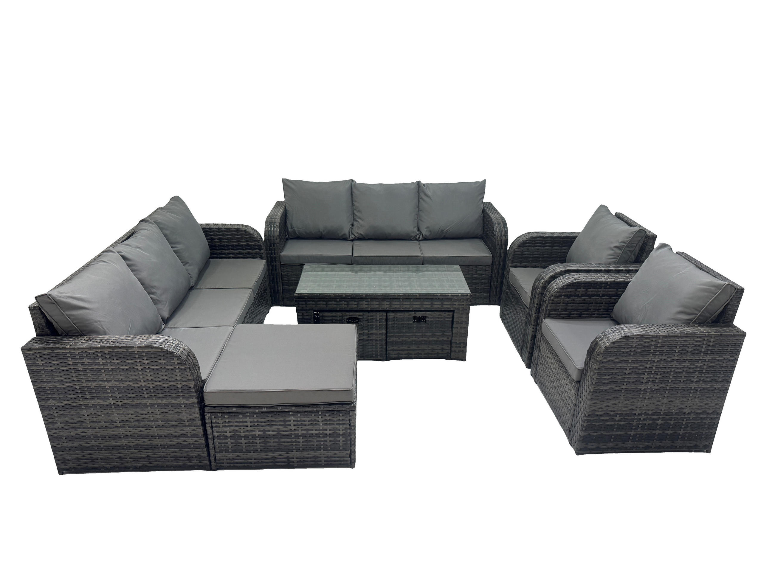 GARTENSOFA SET mit rechteckigem COUCHTISCH Polyrattan 9-Sitzer Dunkelgrau - Dunkelgrau/Grau, Glas/Kunststoff - Fimous