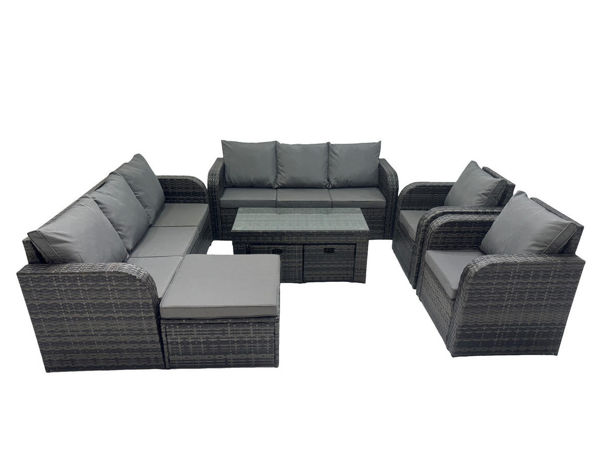 GARTENSOFA SET mit rechteckigem COUCHTISCH Polyrattan 9-Sitzer Dunkelgrau - Dunkelgrau/Grau, Glas/Kunststoff - Fimous