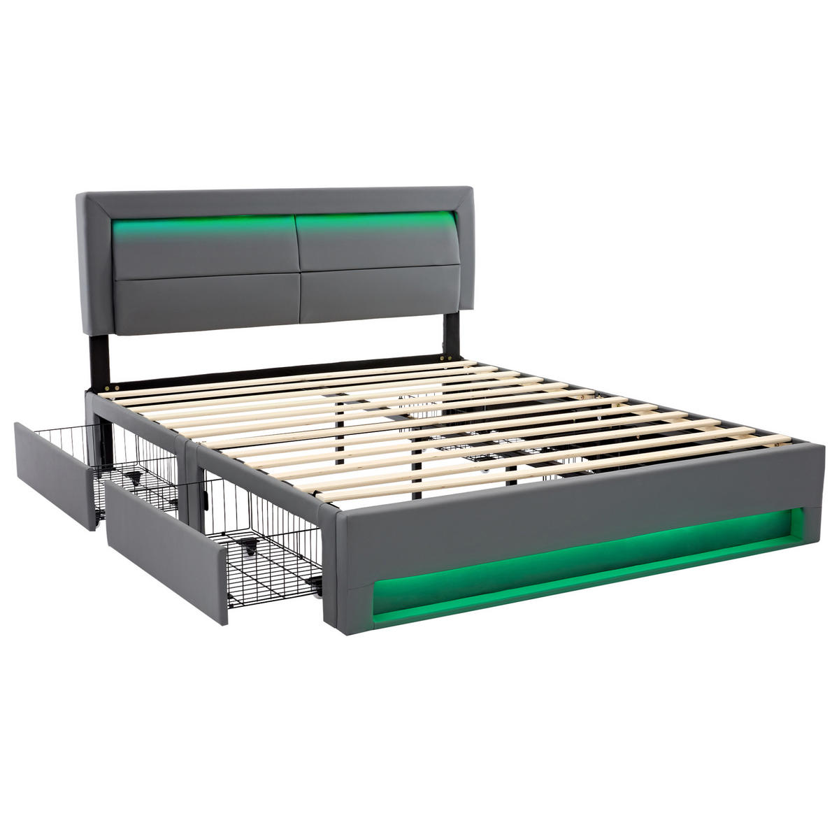 ČALÚNENÁ posteľ 140/190 cm, PU, sivá, s USB, LED osvetlením a úložnými zásuvkami - sivá, plast (140/190cm) - BEAOK
