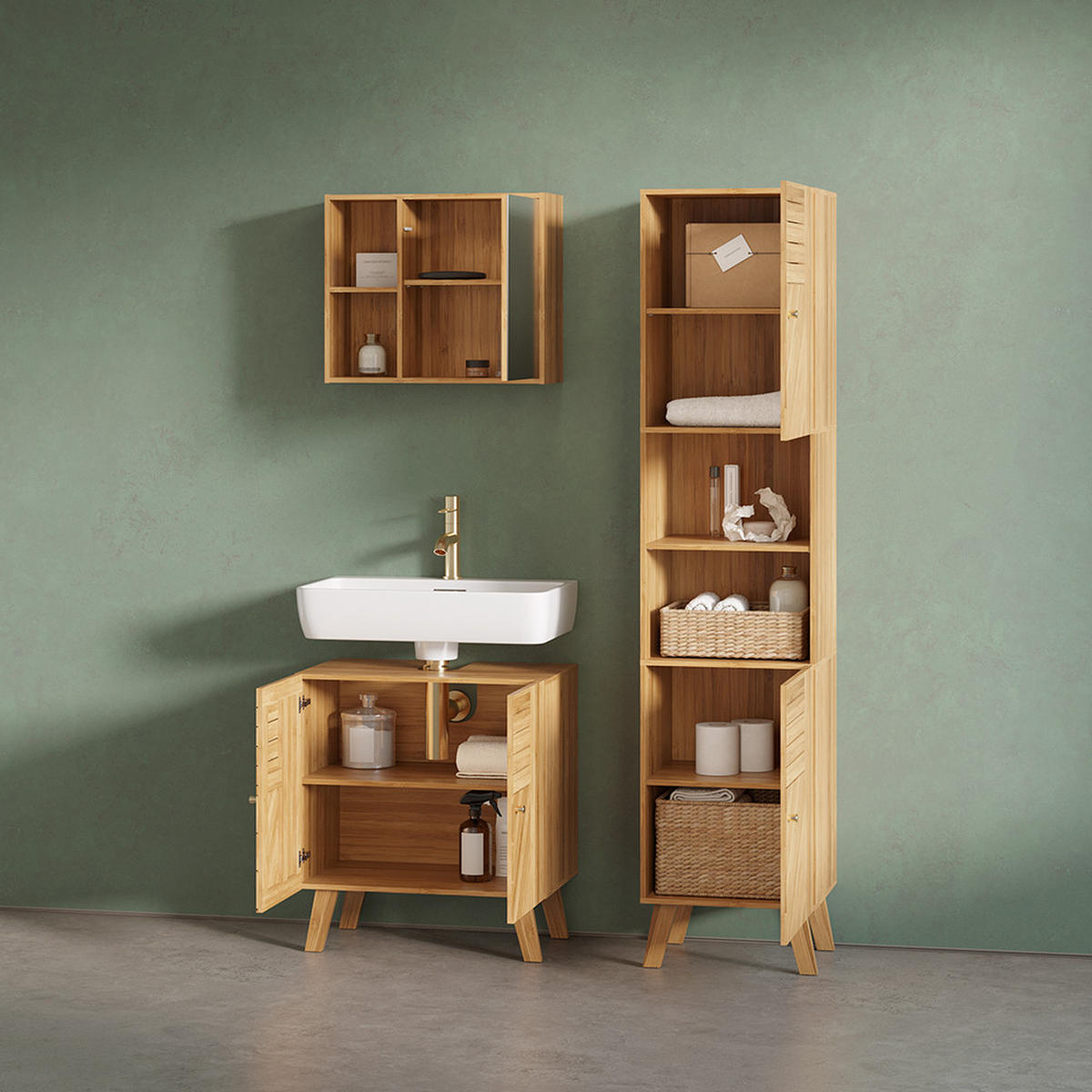 KOPALNIŠKA OMARICA Z OGLEDALOM Olona, Bambus, 54 x 44.5 cm z ogledalom - naravne barve, leseni material (54/44.5/20cm) - Livinity®