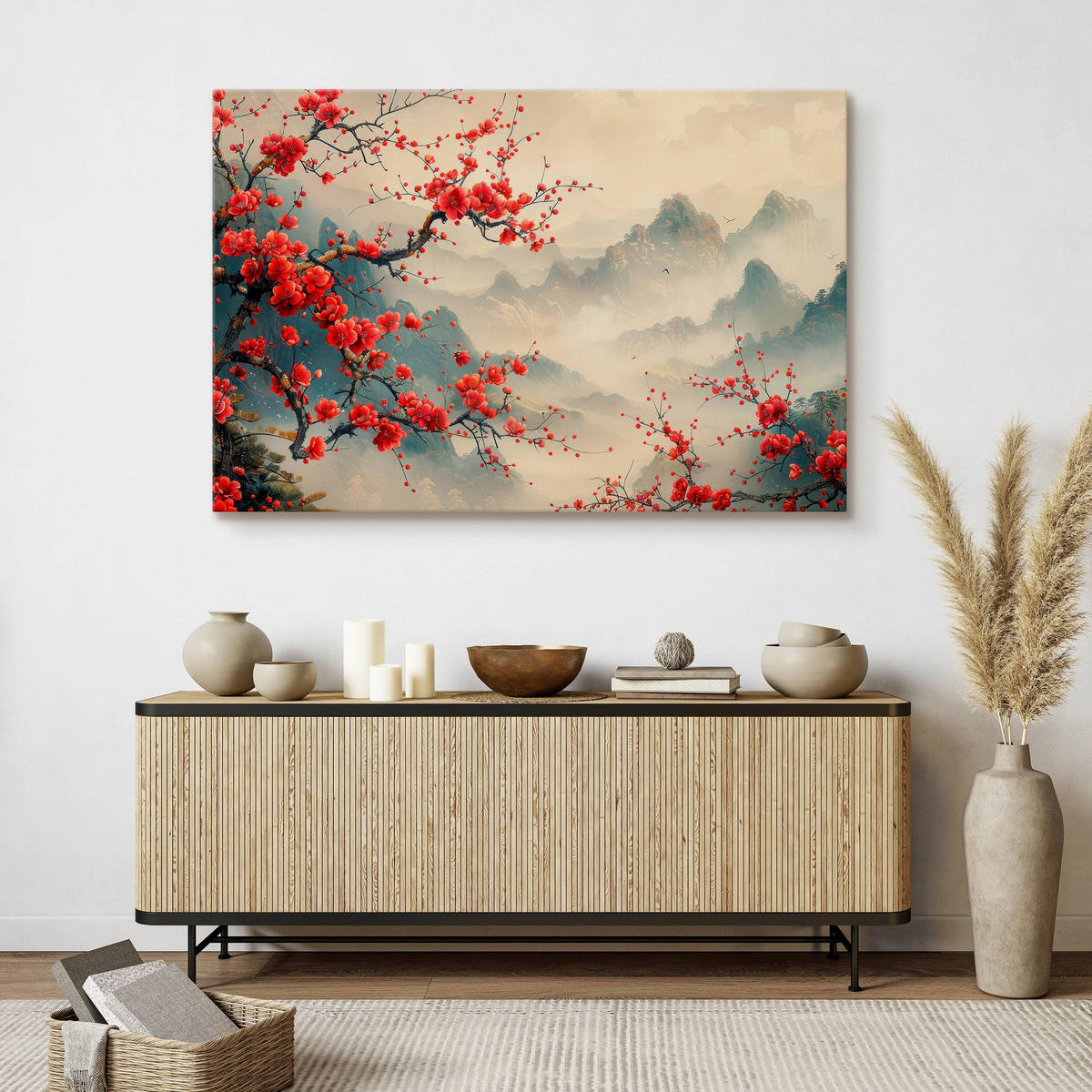 LEINWANDBILD für Wohnzimmer Blumen Berge Landschaft 120cm x 80cm - Beige/Rot, Textil (120/80cm) - Muralo