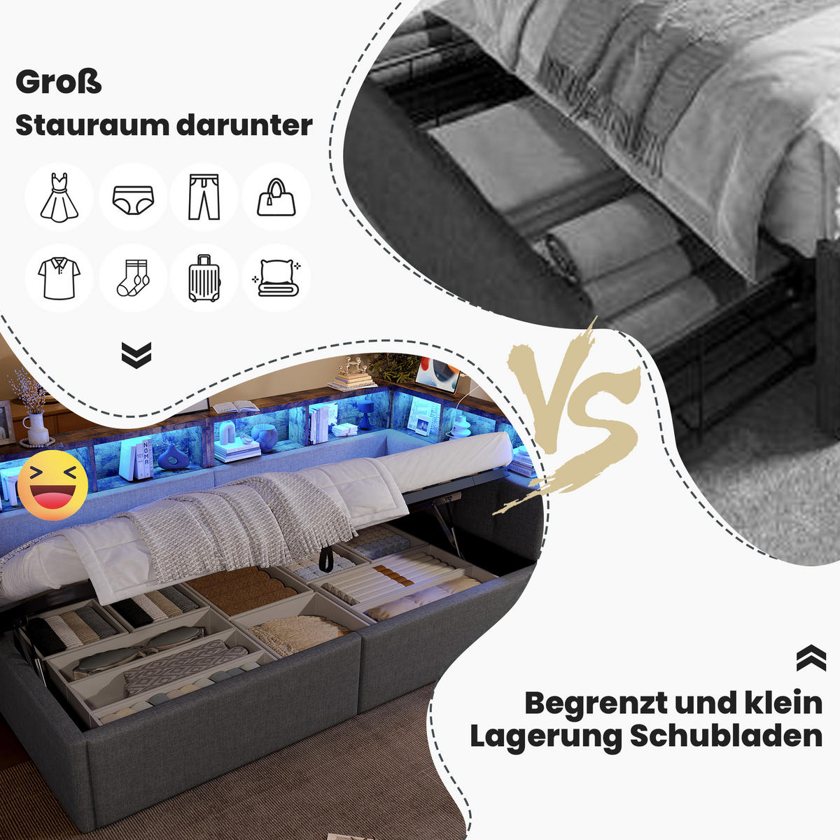 TAGEBETT 90x200cm Grau Leinen USB-C Hydraulik LED-Streifen - Grau, Holz (90/200cm) - FLIEKS