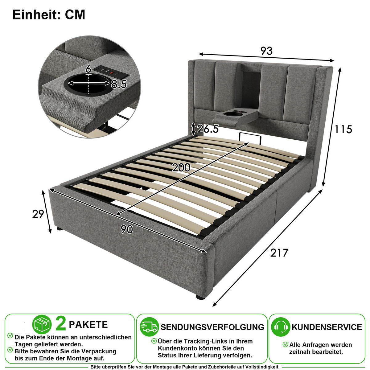 ČALOUNĚNÁ POSTEL 90/200 cm v šedé barvě s úložným prostorem, USB a Type-C - šedá, kov/kompozitní dřevo (90/200cm) - CHICFURN