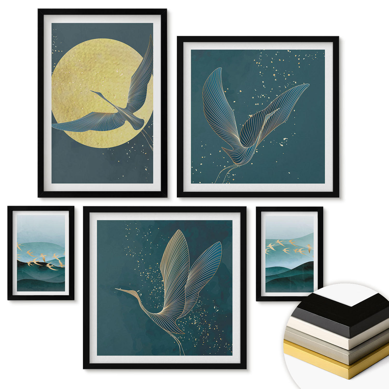 WANDBILDER 5er-Set - 50x50 cm & 20x30 cm & 40x60 cm Schwarzer Rahmen - Abstrakte Landschaften von Vogelwellen - Schwarz, Kunststoff (40/60cm) - ArtPrintCave