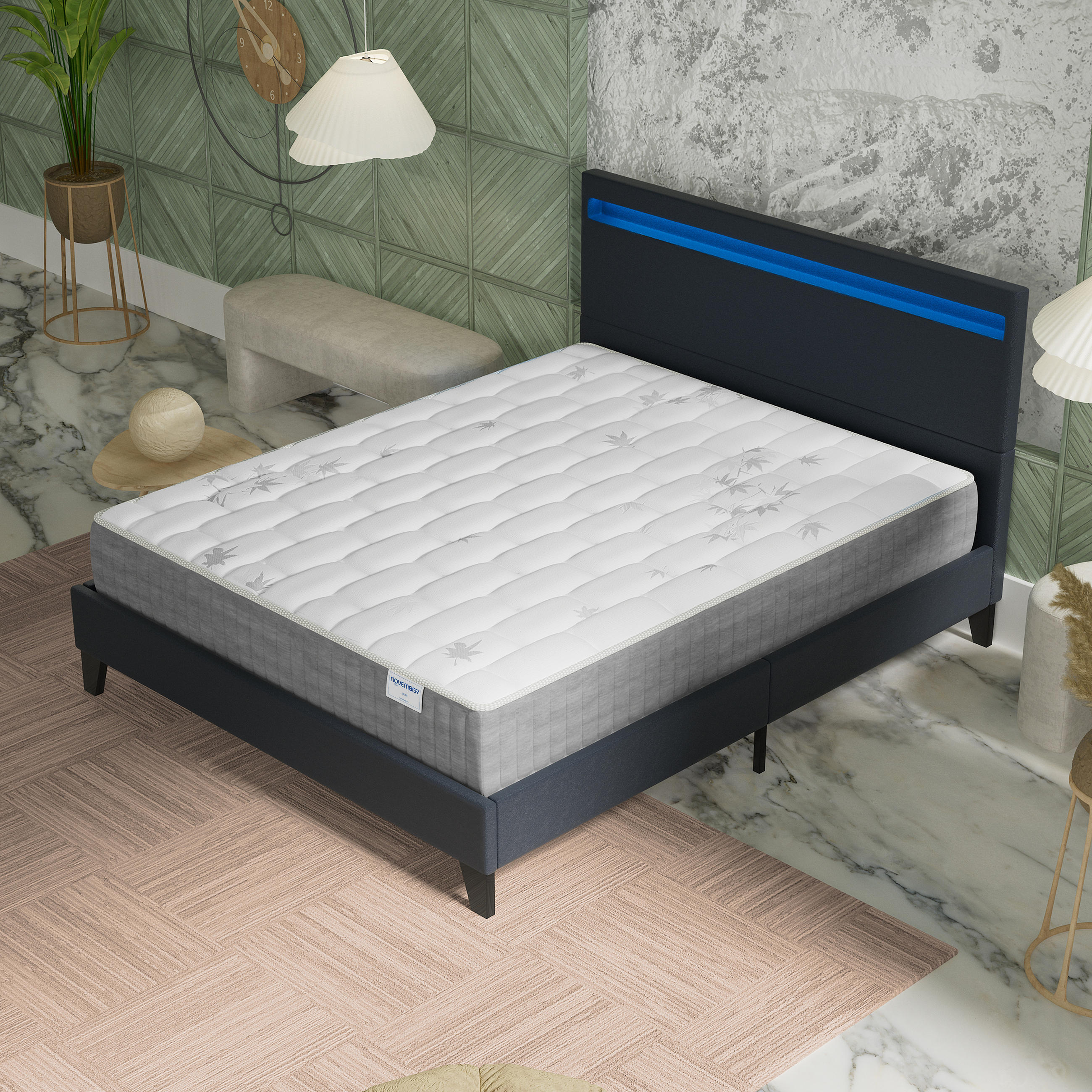 POLSTERBETT und MATRATZE - 120 x 190 cm - Taschenfederkern und visco - 25cm dick - Schwarz, Naturmaterialien/Holz (120/190cm) - November Sleep