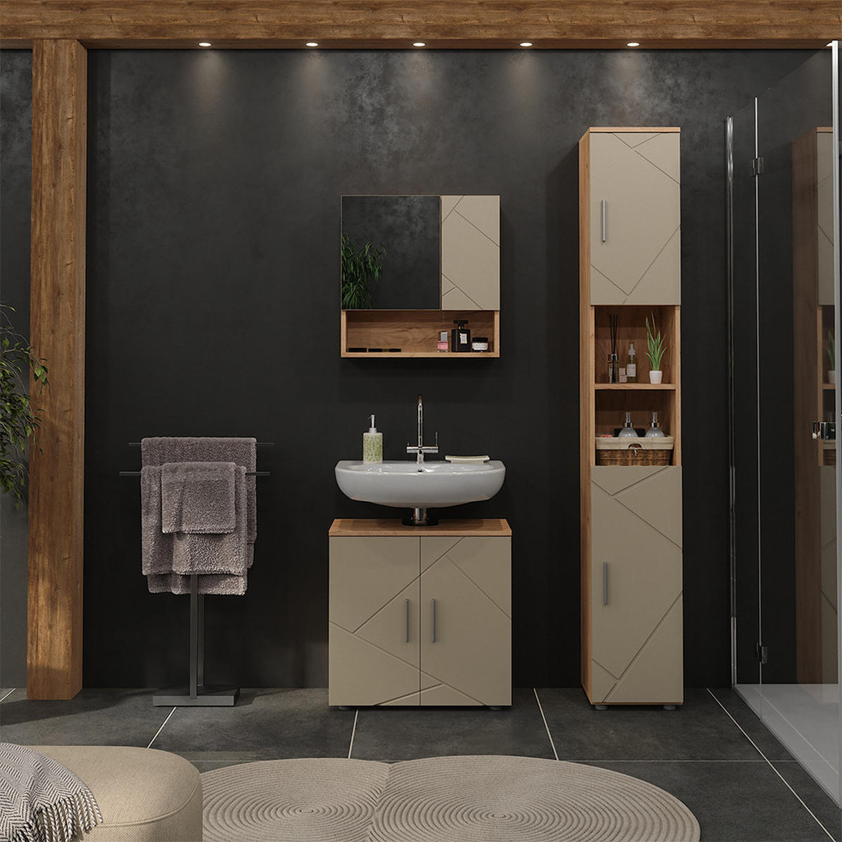 BADMÖBEL-SET Irma Beige 3 Teile - Honigeiche/Beige, Holzwerkstoff (60/59/30cm) - Vicco