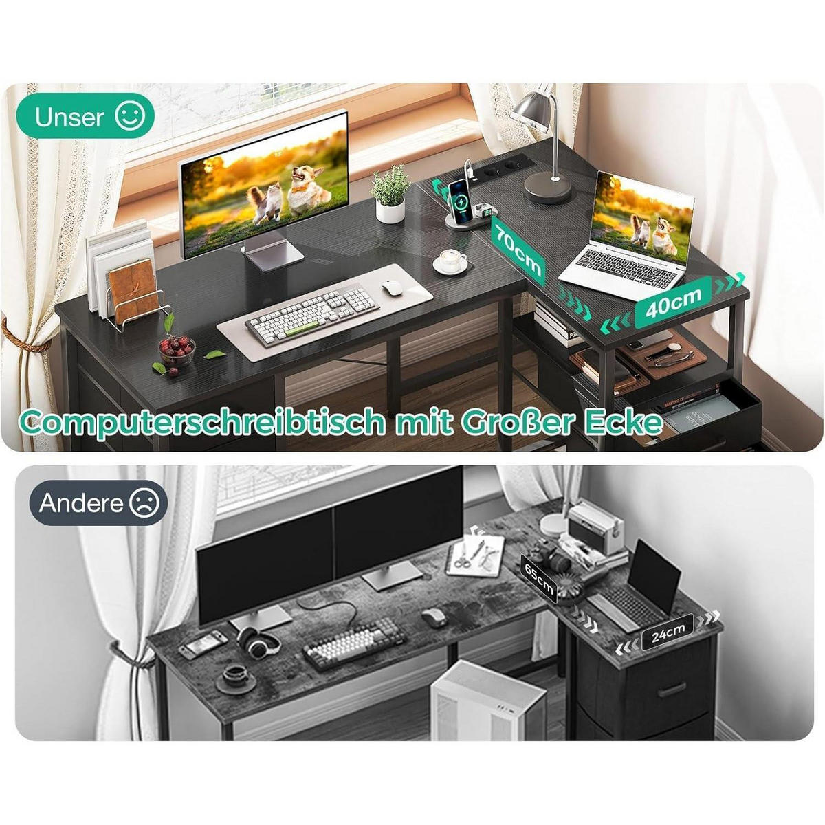 ECKSCHREIBTISCH L-Form Schwarz 140 x 70 cm - Schwarz, Holzwerkstoff (140/70/75.2cm)