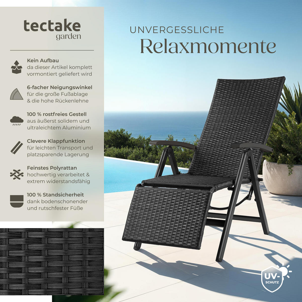 RATTANSTUHL Brisbane ,58 x 77 x 113 cm,schwarz - Schwarz, Kunststoff (58/113/77cm) - tectake