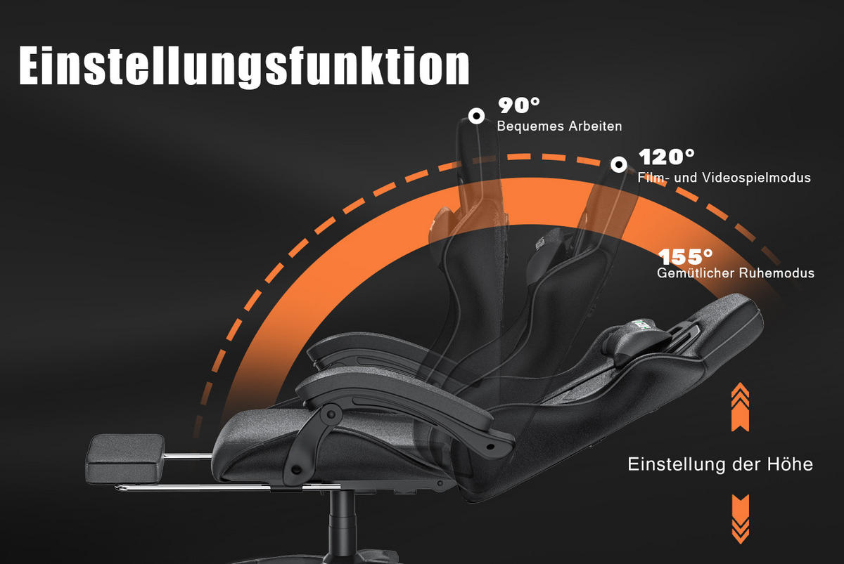 GAMING-STUHL höhenverstellbar, Fußstütze, Lendenkissen – Schwarz - Schwarz, Leder (50/134/50cm) - Rattantree