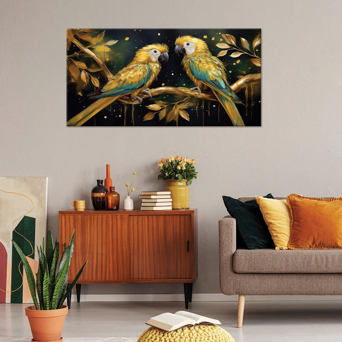 LEINWANDBILD Papageien, Vögel, Golden - Goldfarben, Textil (120/60cm) - Feeby