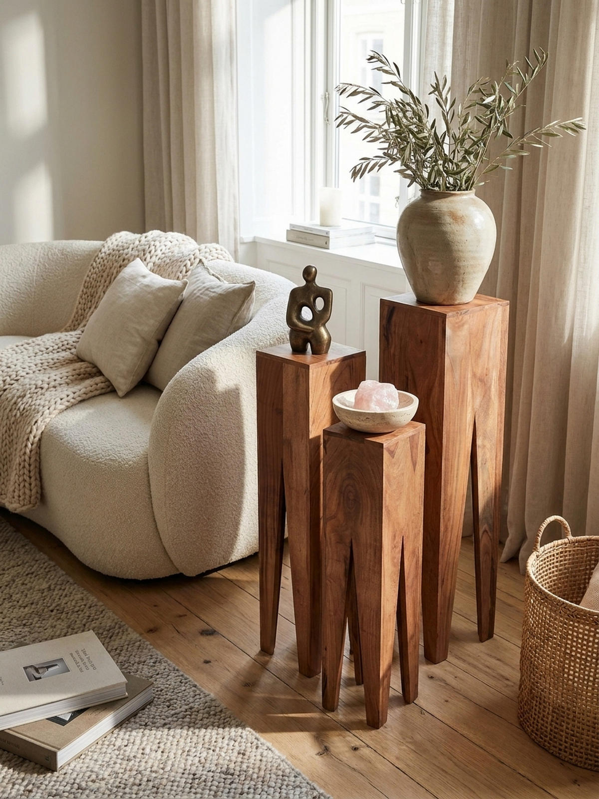 BEISTELLTISCH 3er Set Massivholz Handgefertigt Giraffenbeine, Beige 25x25x100 cm - Beige, Holz (25/25/100cm) - KADIMA DESIGN