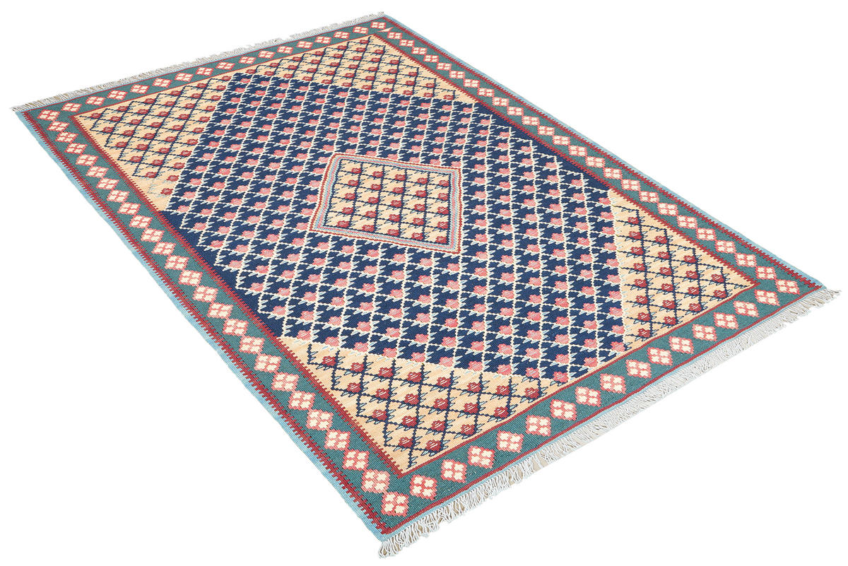 HANDWEBTEPPICH Senneh Kelim Blau 159/99 cm Schurwolle - Blau, Textil (99/159cm) - Looma