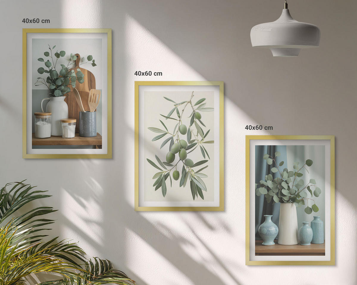 BILDER SET 3er Set - 40x60 cm Goldrahmen - Grüne Oliven, Eukalyptus - Goldfarben, Kunststoff (40/60cm) - TULUP