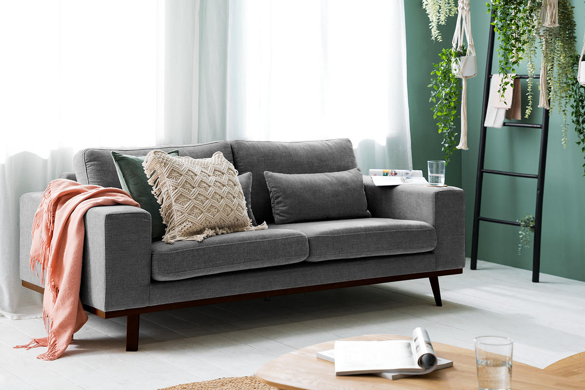 2-SITZER SOFA - Dunkelgrau/Buchefarben, Buchenholz/Textil (197/81/88cm) - home24