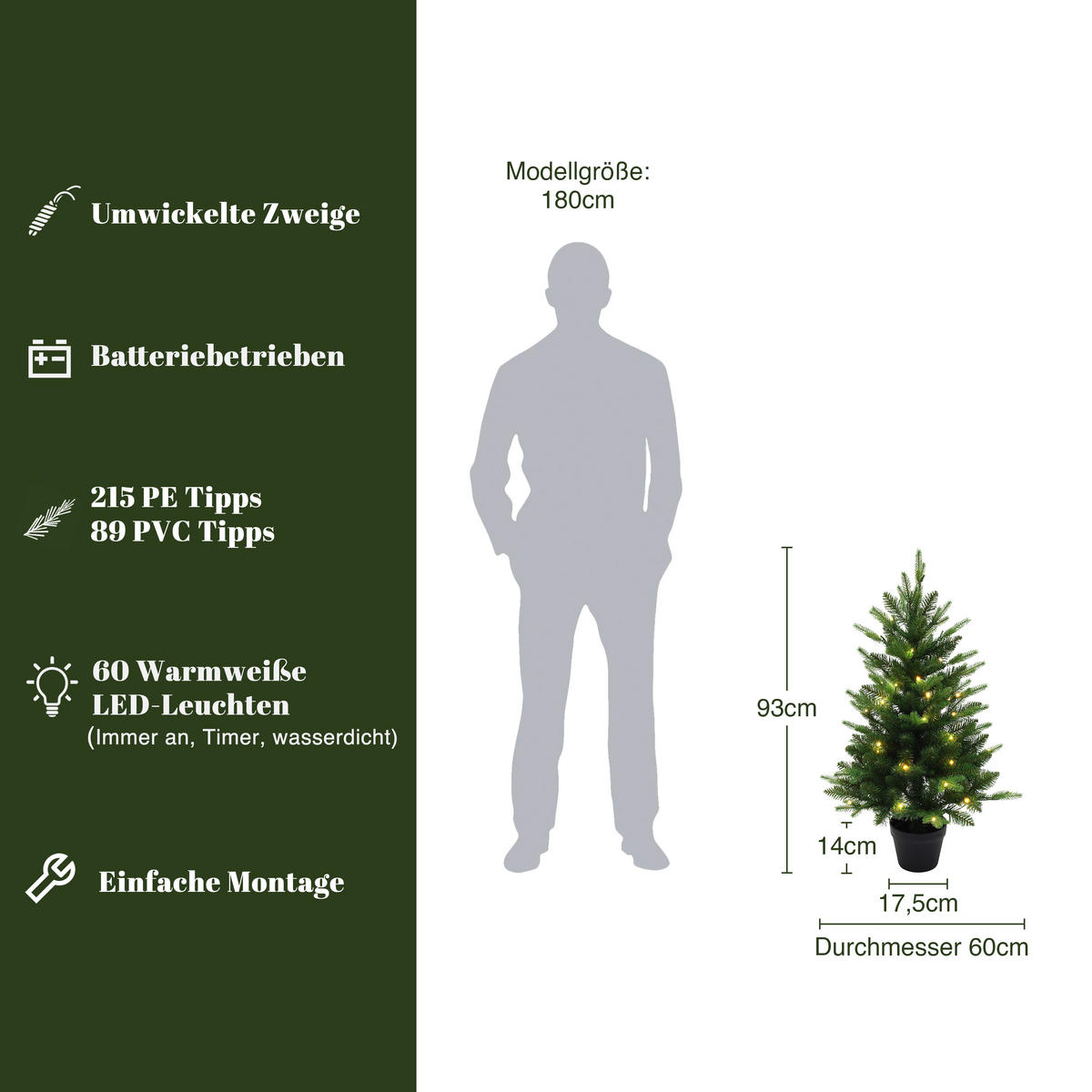 KÜNSTLICHER Weihnachtsbaum 90 cm mit Beleuchtung und Timer - Grün, Kunststoff (93cm) - Hometopia