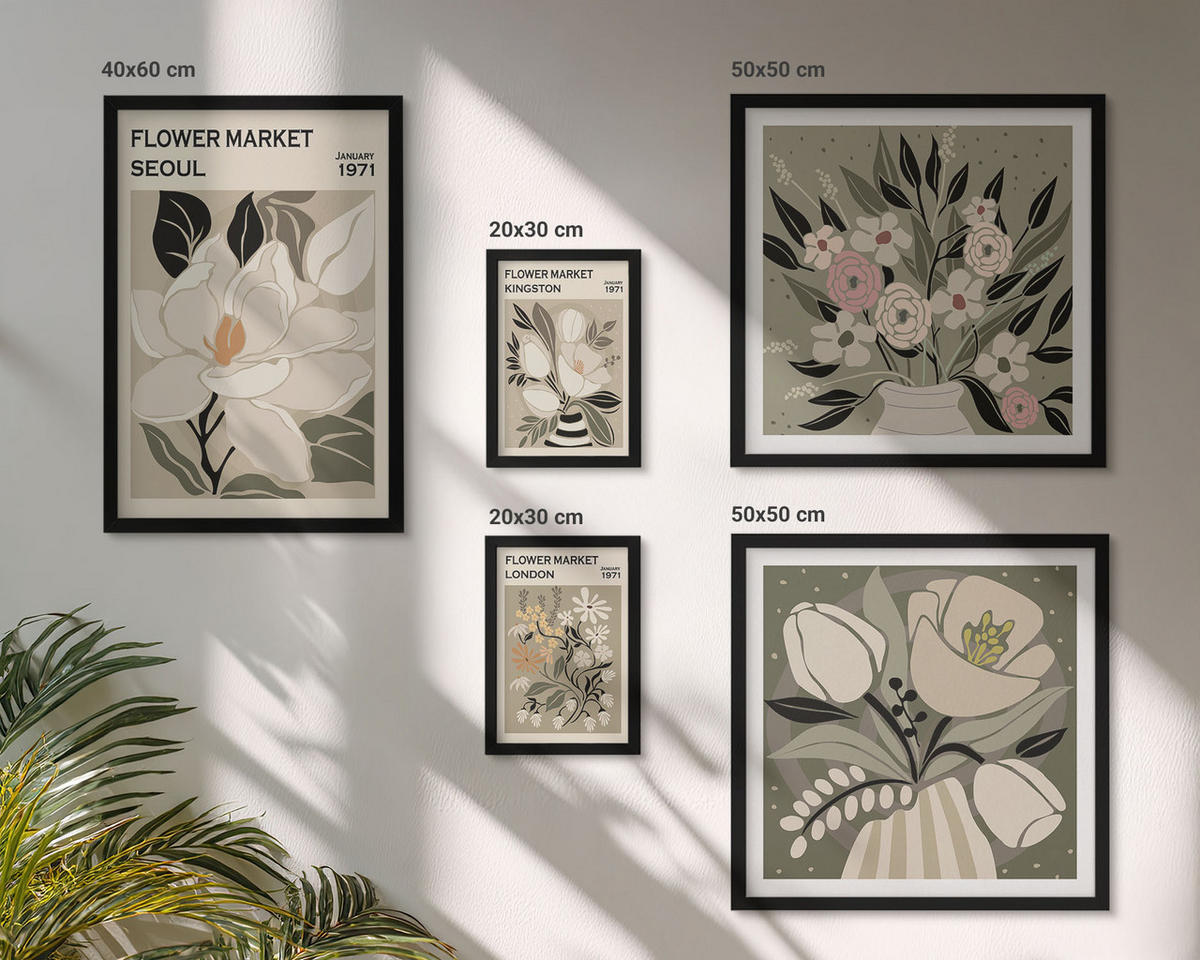 WANDBILDER 5er-Set - 50x50 cm & 20x30 cm & 40x60 cm Schwarzer Rahmen - Retro-Blumen aus Städten rund um die Welt - Schwarz, Kunststoff (40/60cm) - ArtPrintCave
