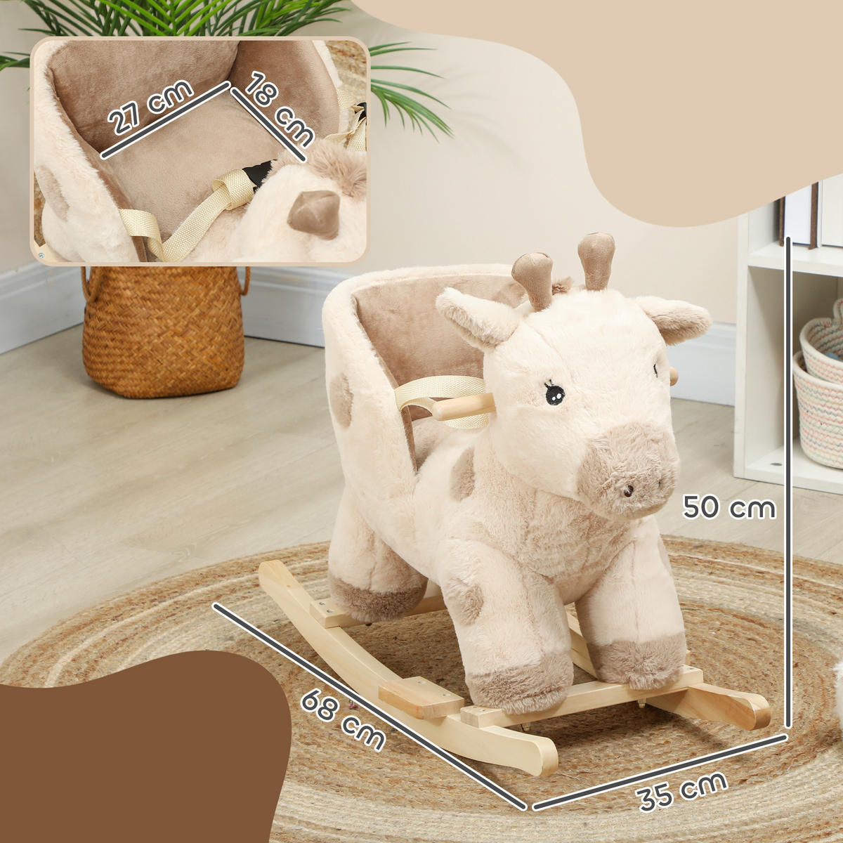SCHAUKELPFERD DE-18247 Giraffe mit Sound & Sicherheitsgurt Beige - Beige, Holz (35/50/68cm) - ComfortXL