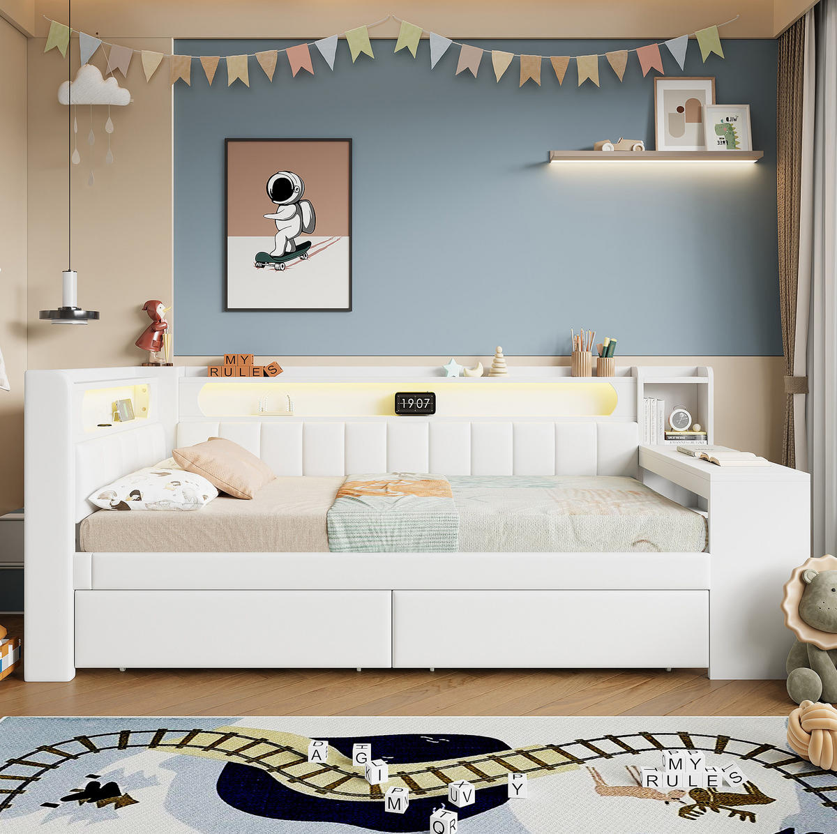 POLSTERBETT 90/200 cm Weiß mit LED-Beleuchtung, USB-Anschluss, Schreibtisch und 2 Schubladen - Weiß, Holzwerkstoff (90/200cm) - Flora Grace