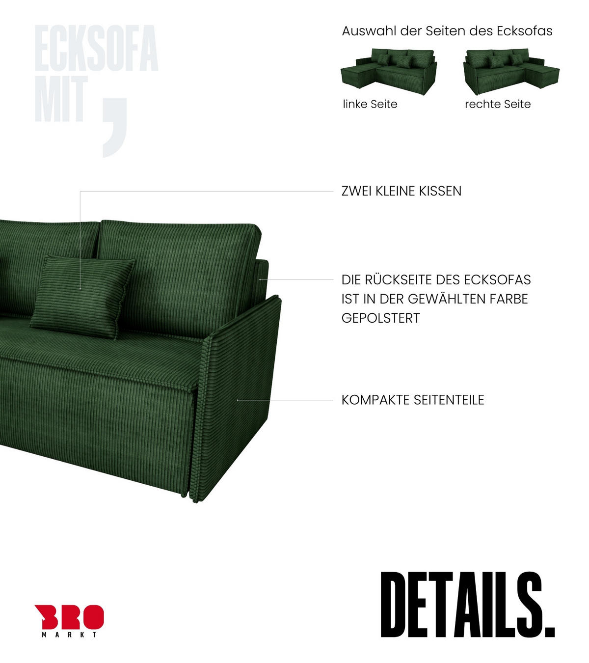 ECKSOFA Atlantic mit Schlaffunktion Grün Cord - Grün, Textil (238/141cm) - Bromarkt