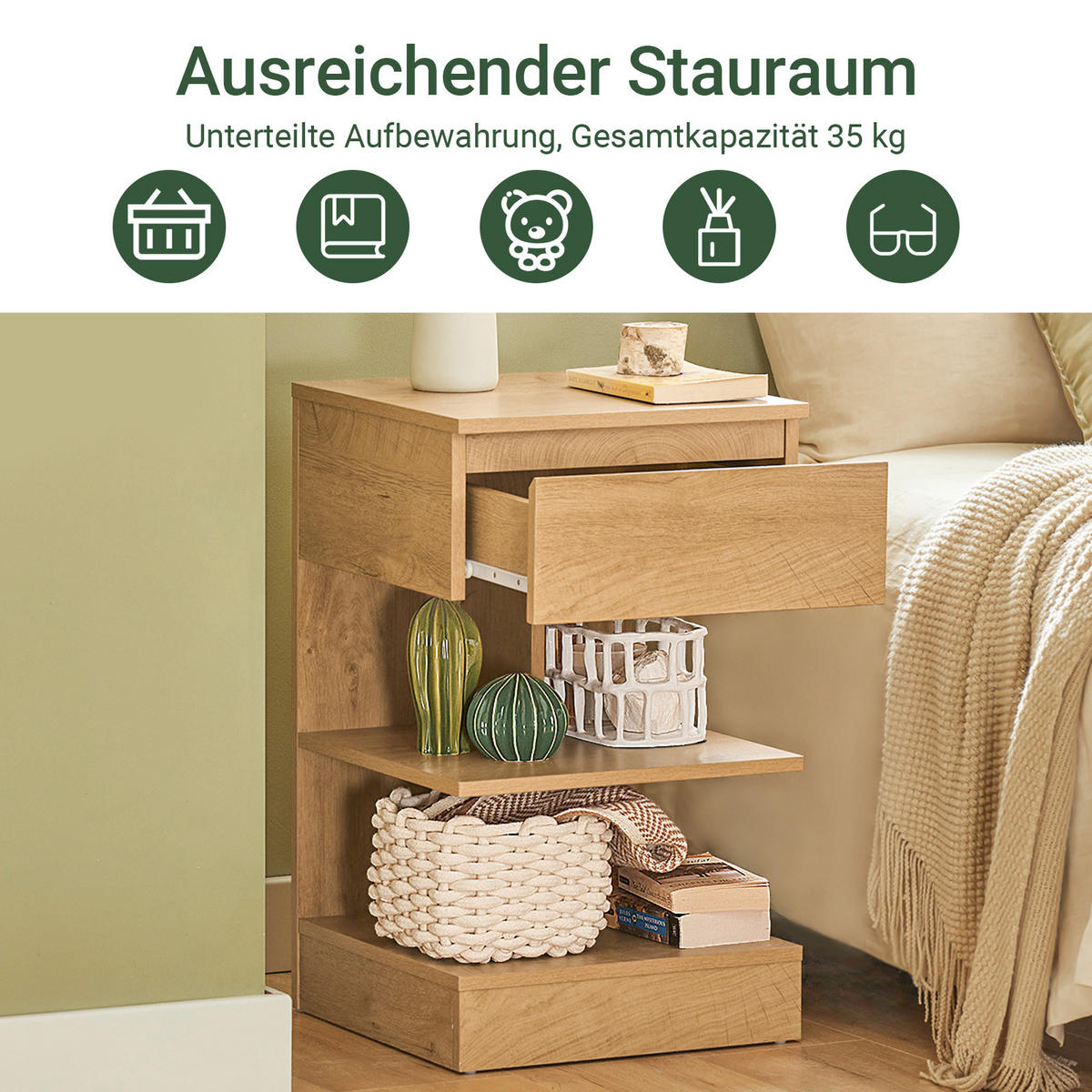 NACHTTISCH 2er Set, Beistelltisch Natur 39x39x65 cm - Naturfarben, Holzwerkstoff (39/65/39cm) - SoBuy