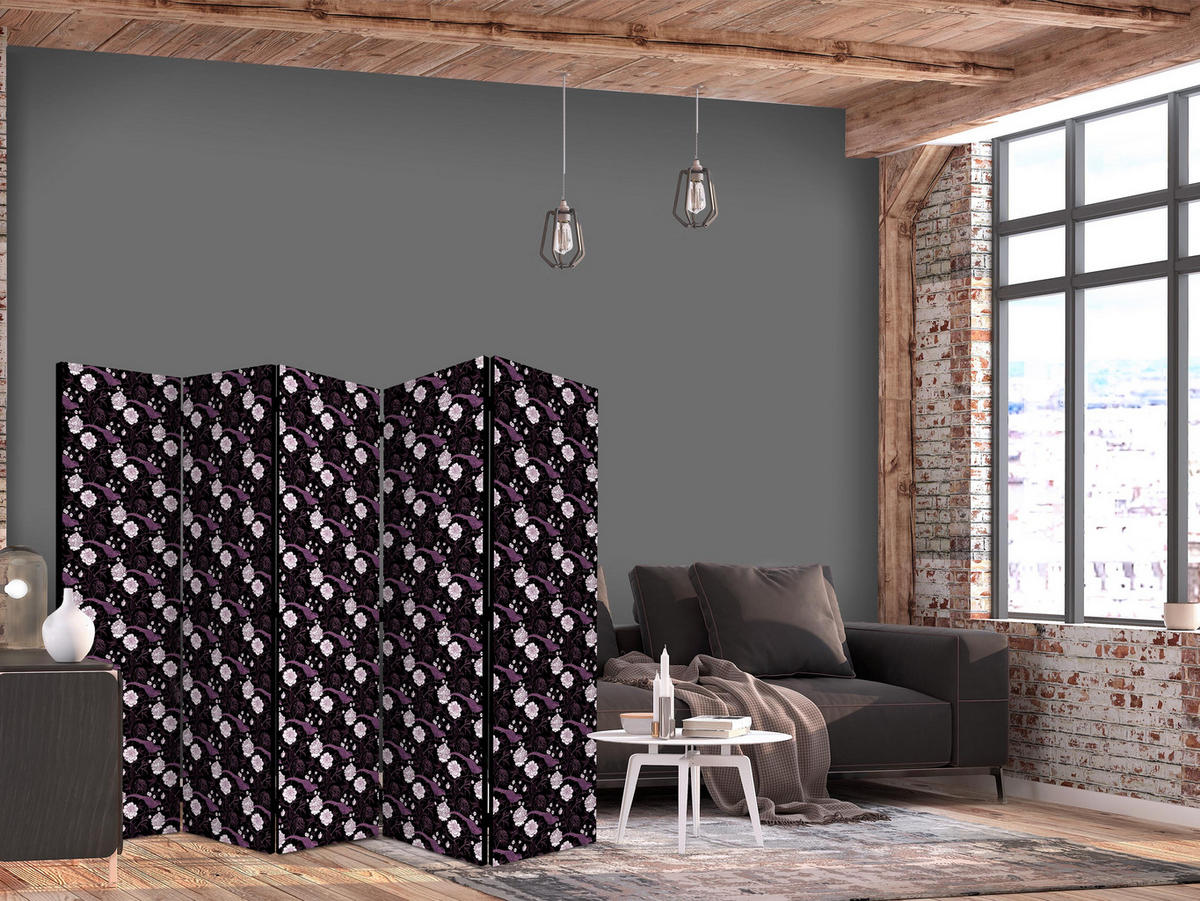 PARAVÁN Jednostranný 5-dielny 225x172 cm Vtáky a pivonky - čierna, drevo/textil (225/172/3cm) - Muralo