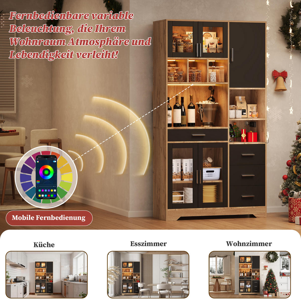BUFFET 100/40/185 cm Natürlich mit farbwechselnde LED-Leuchten und 4 Schubladen - Naturfarben, Holz (100/185/40cm) - Oxeza