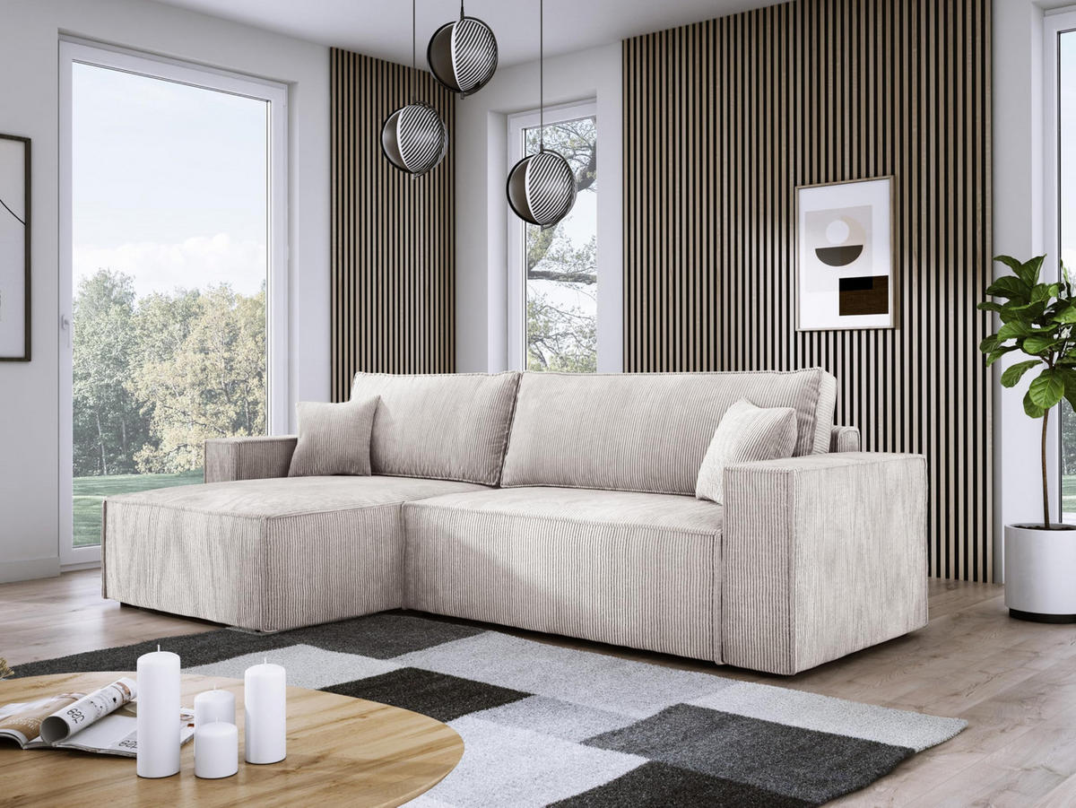 ECKSOFA POSO XL UNIVERSAL, Schlaffunktion und Lattenrost - L-Form, Cord, Federung auf Wellfedern, 274x143x83 cm, Links Light rose - Hellrosa, Holz/Textil (277/143cm) - DomoHome