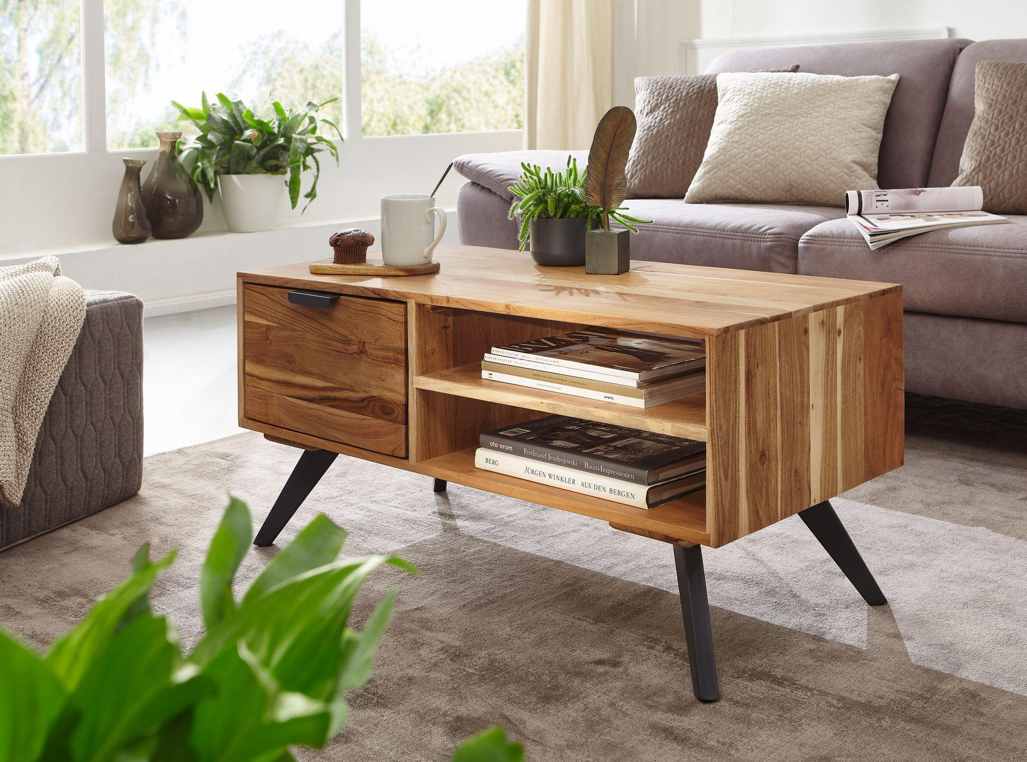 Thumbnail - Kadima Design Couchtisch, Beige, Holz, Echtholz,Akazie, 1 Schubladen, Rechteckig,Rechteckig, Stativgestell, 95x45x45 cm,...