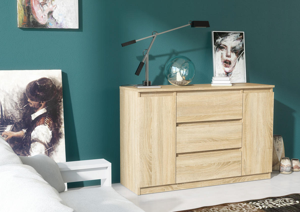 KOMMODE NUDO 120/78,5/39cm mit 3 Schubladen 2 Türen Sonoma Eiche - Sonoma Eiche, Holzwerkstoff (120/78.5/39cm) - MASSENO