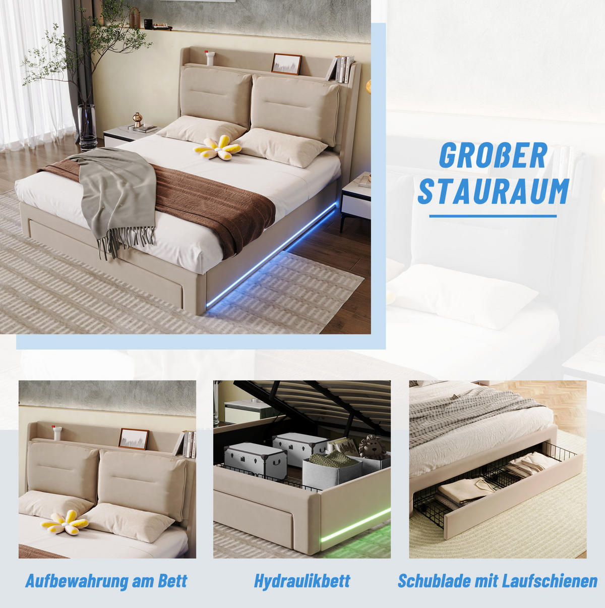 POLSTERBETT 180/200 cm Beige mit hydraulischem Bettkasten und LED-Beleuchtung - Beige, Textil (180/200cm) - OKWISH