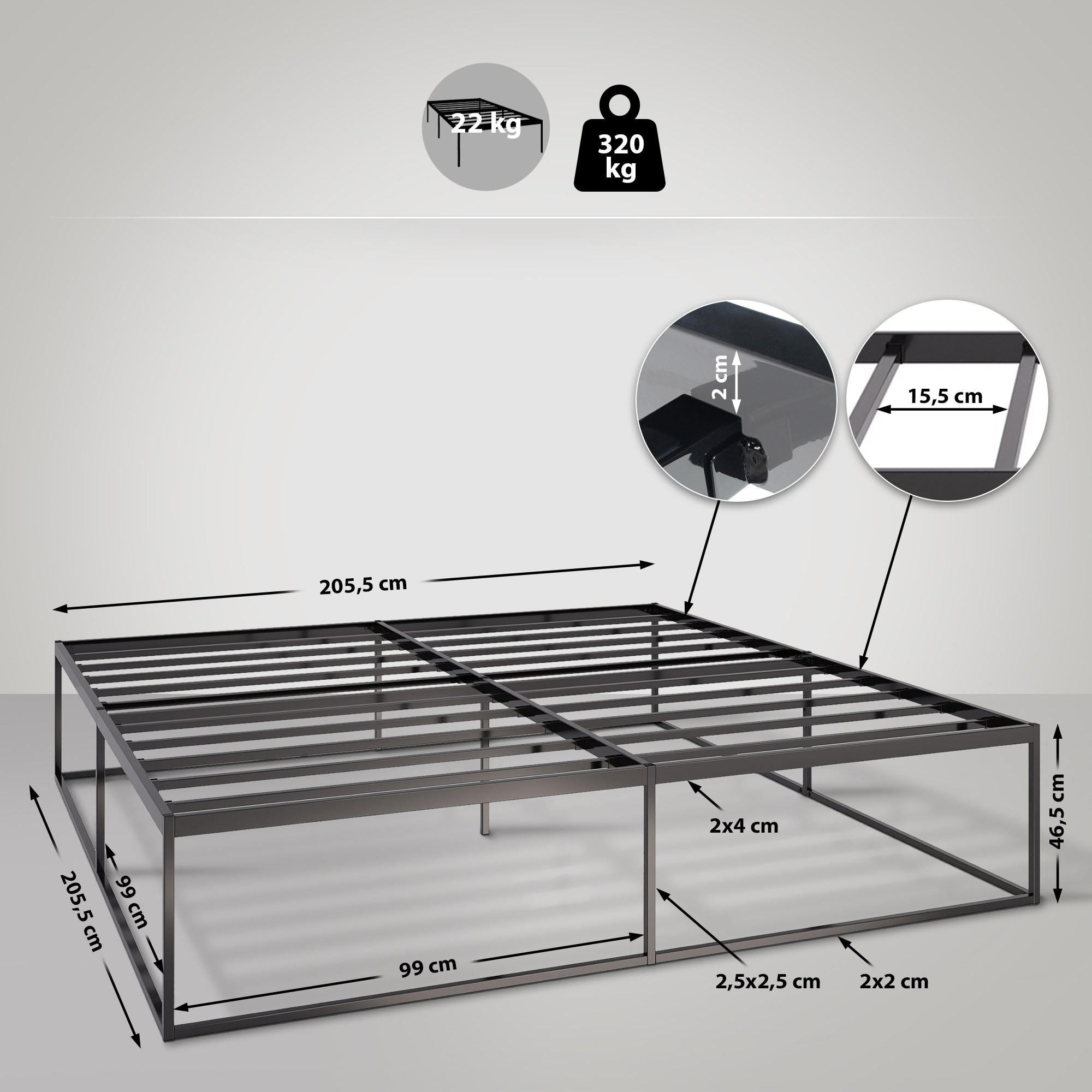 METALLBETT 205.5/205.5/46.5 cm Metall Schwarz - Schwarz, Metall (205.5/205.5cm) - CLP