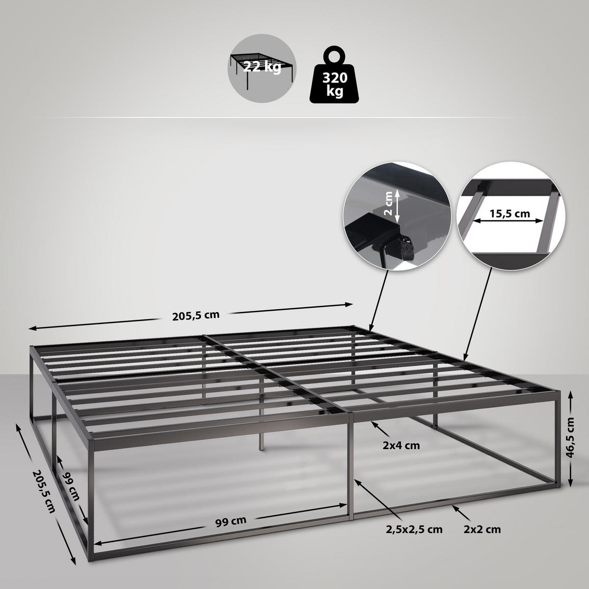 METALLBETT 205.5/205.5/46.5 cm Metall Schwarz - Schwarz, Metall (205.5/205.5cm) - CLP