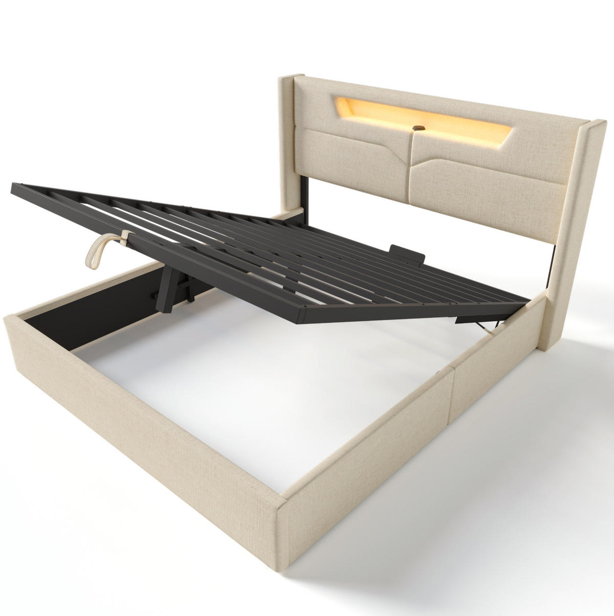 POLSTERBETT mit LED, USB und Stauraum 140x200 cm Beige inkl. Matratze - Beige, Metall (140/200cm) - Meubliv