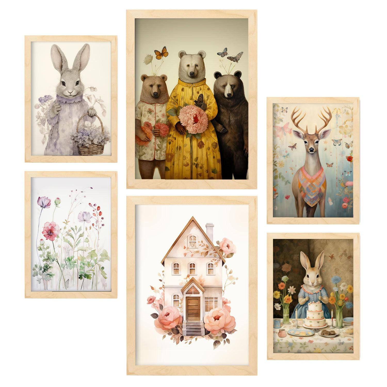 POSTER Set Mit 6 Schmetterlingstiere A3 & A4 Rahmen Aus Hellem Holz - Beige, Papier (29/3cm) - Nacnic