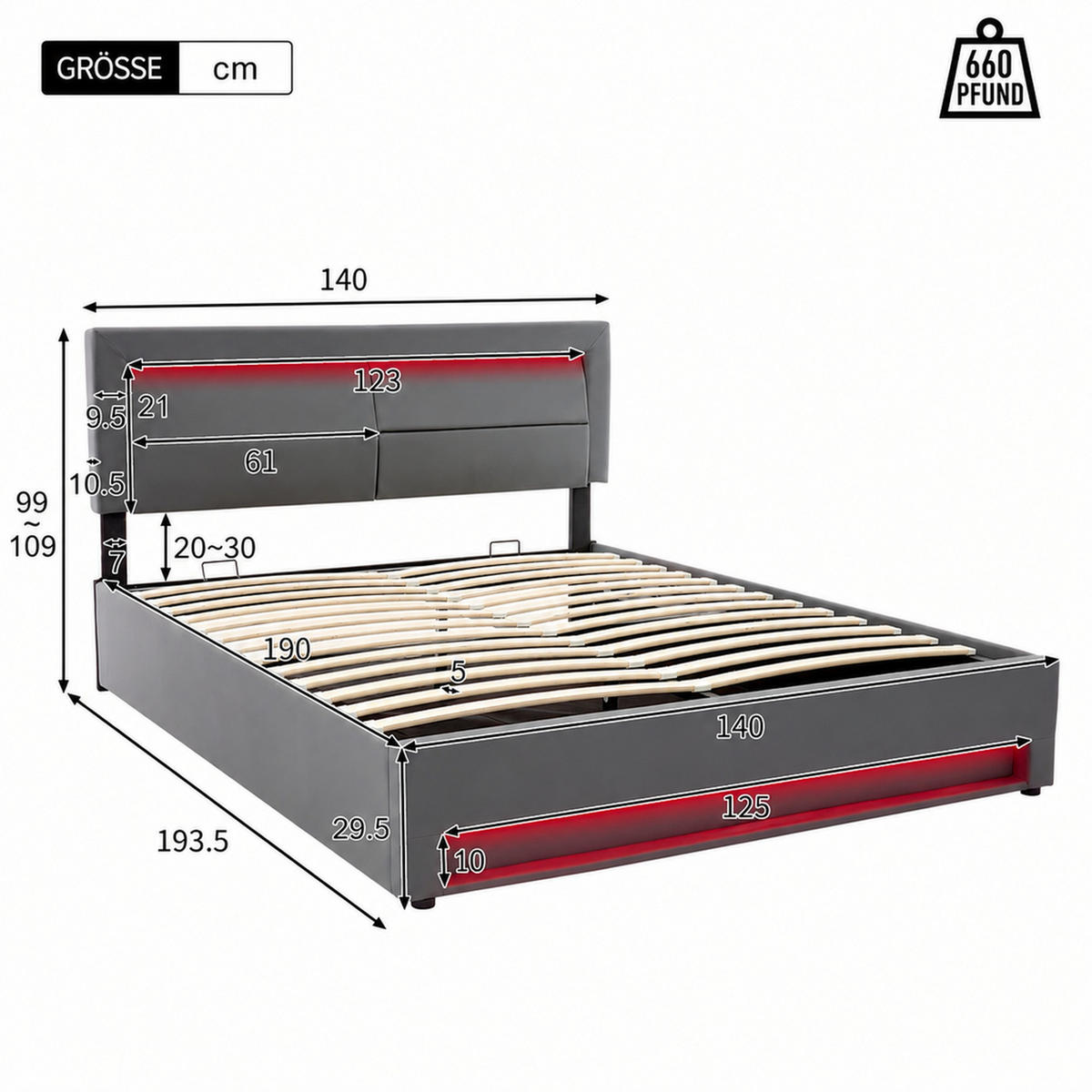 POLSTERBETT 140/190 mit USB, LED und Stauraum für kabelloses und kabelgebundenes Laden in Grau - Grau, Holzwerkstoff/Textil (140/190cm) - EVRYAE