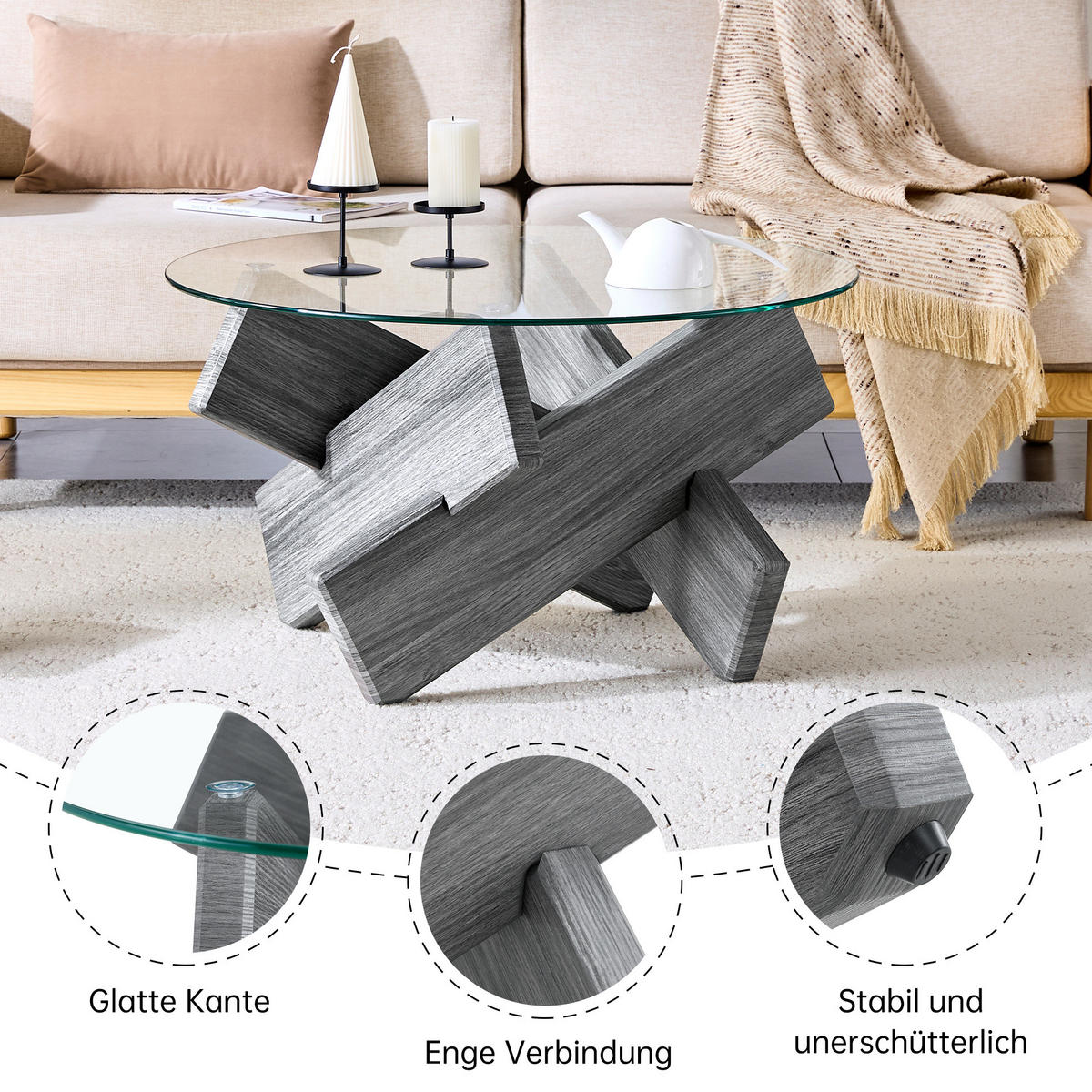 COUCHTISCH 79/45 cm aus Glas und MDF mit Kreuzgestell in Grau - Grau, Holzwerkstoff (79/79/45cm) - Flora Grace