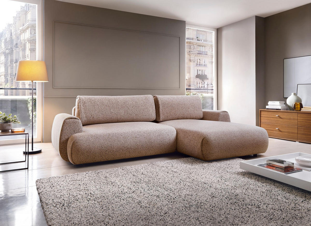 ECKSOFA ZEST Rosa Geflochtener Stoff mit Schlaffunktion - Rosa, Holz (270/167cm) - MASSENO