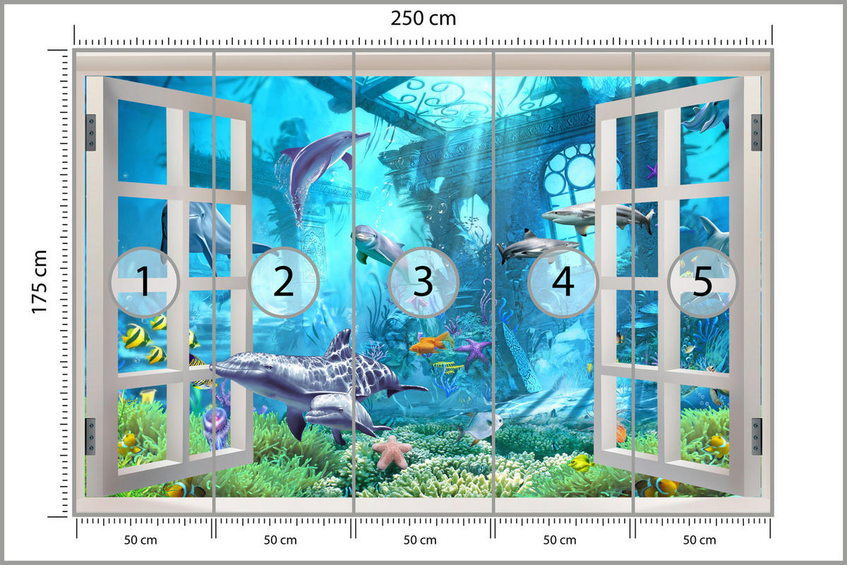 FOTOTAPETE für Schlafzimmer Fenster Unterwasserwelt Delfine Riff 250x175 - Blau/Weiß, Papier (250/175cm) - Muralo