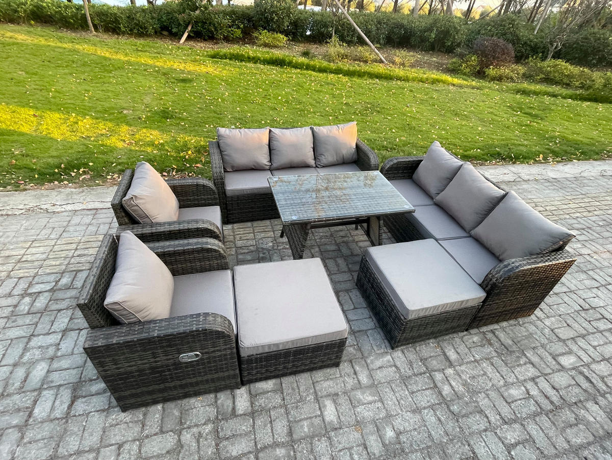 GARTENMÖBELSET mit ESSTISCH,SOFA Polyrattan 11-Sitzer - Dunkelgrau/Grau, Glas/Kunststoff - Fimous