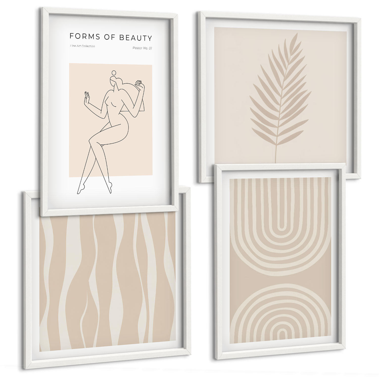 BILDER SET 4er Set - 50x50 cm & 40x60 cm Weißer Rahmen - Abstrakte Boho-Dekorationen - Weiß, Kunststoff (50/50cm) - TULUP
