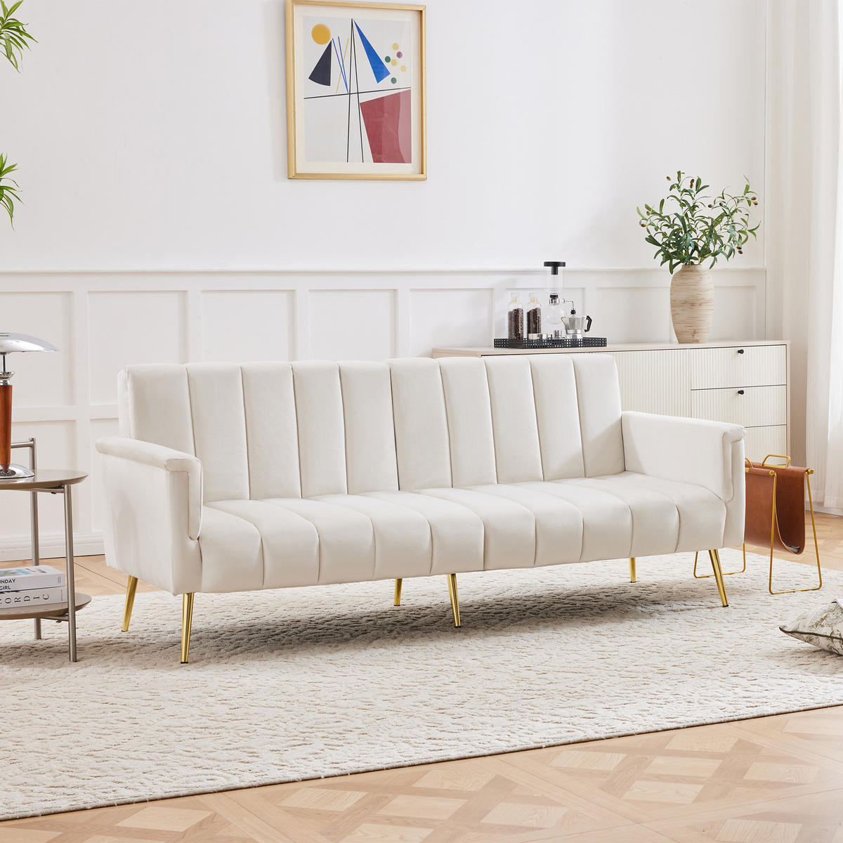 SCHLAFSOFA, Samt mit verstellbarer Rückenlehne & Armlehnen, 183/76/75 cm, Beige - Beige, Textil (76/75/183cm) - Redom