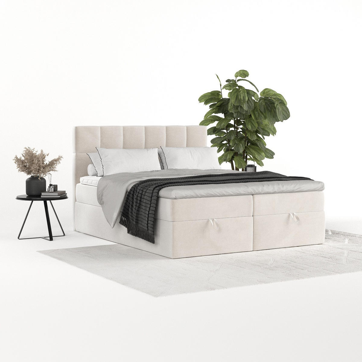 BOXBETT Savio 140/200 cm Creme im Paros Stoff - Creme/Schwarz, Holz/Holzwerkstoff (140/200cm) - AltaBeds