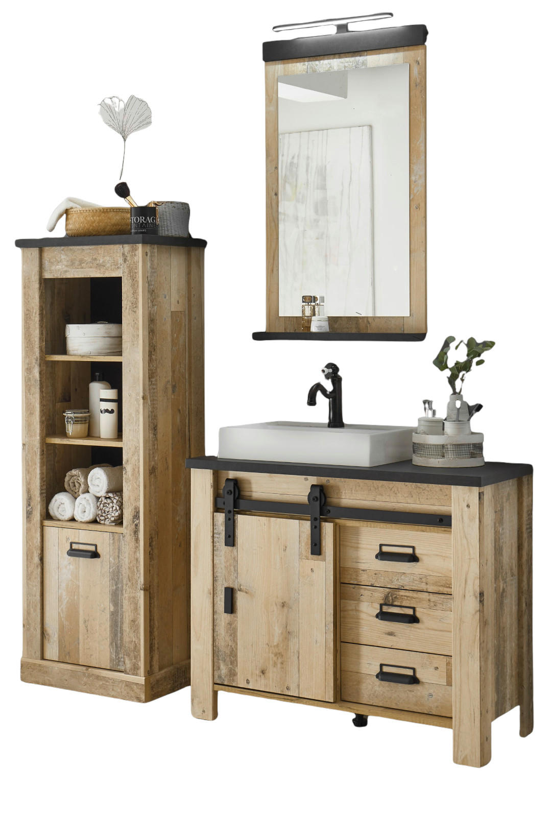 BADMÖBEL-SET 5-teilig, Used Wood hell, anthrazit, Badkombination mit Waschbecken LED Spiegellampe - Eichefarben/Anthrazit, Holzwerkstoff/Metall (165/210/43cm) - Furn.Design